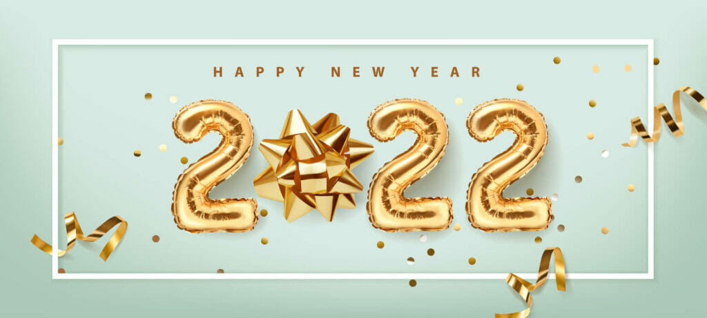 2022 golden decoration holiday on blue background. Gold foil balloons numeral 2022 with realistic festive objects,, glitter gold confetti and serpentine. Shiny party background. Horizontal banner. Happy new year 2022 holiday. Realistic 3d vector illustration.