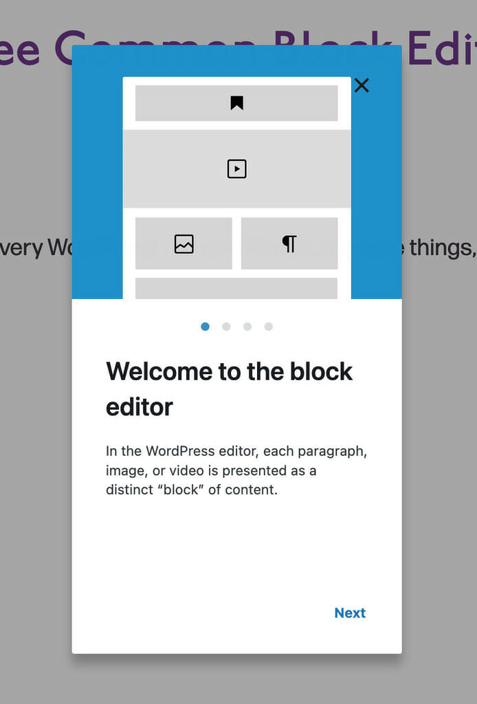 New User Dialogue When Starting Gutenberg