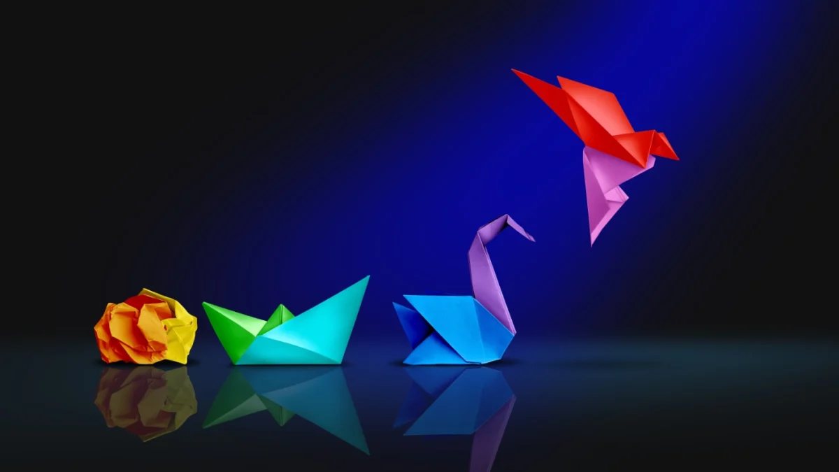 Transform progression from a piece of paper to an origami bird.