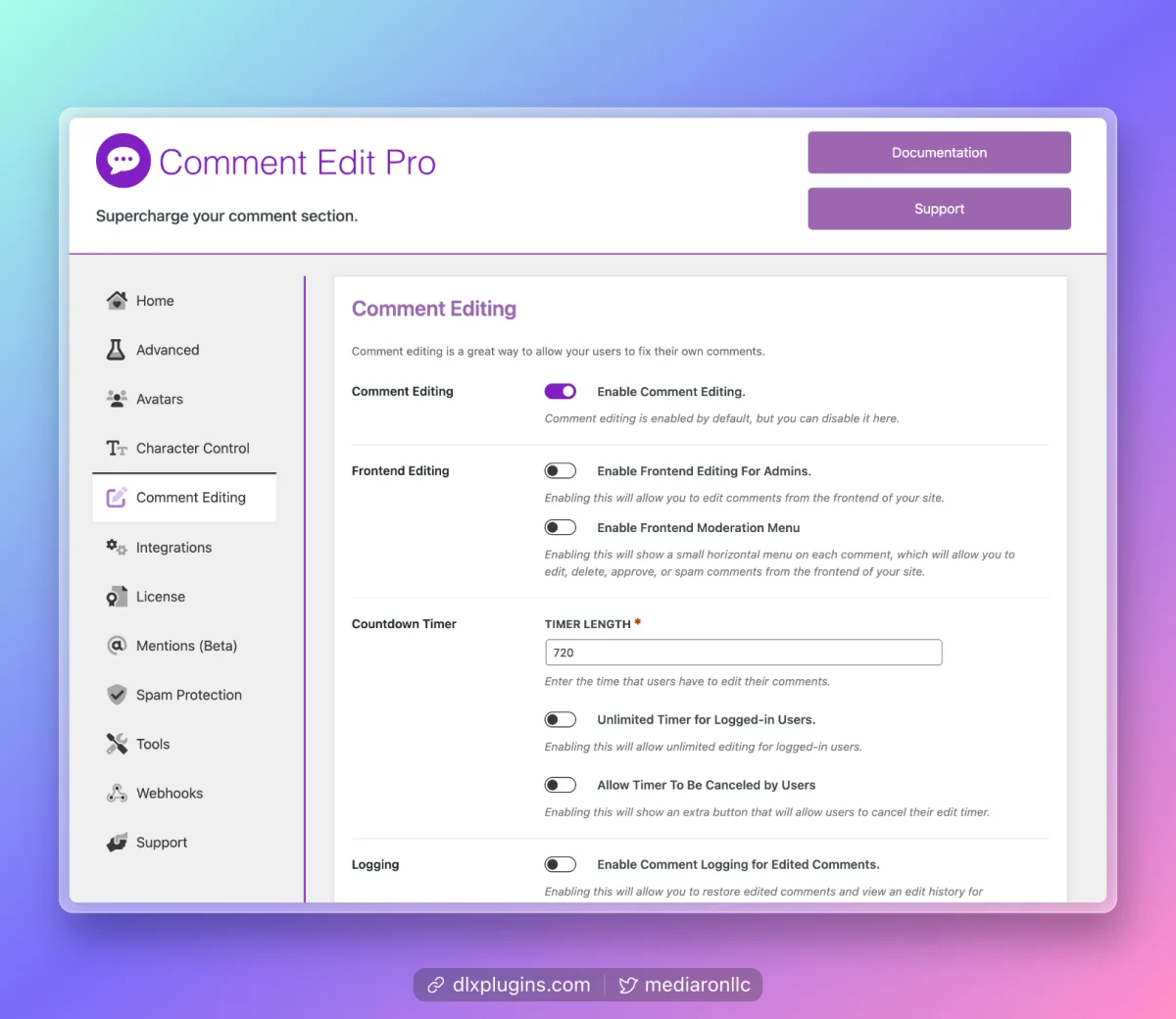 A screenshot of the Comment Edit Pro admin.