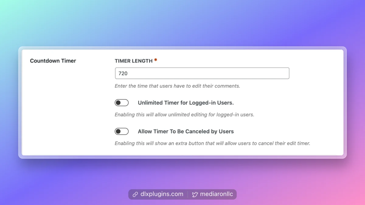 Screenshot of the Unlimited Timer option for Logged-in Users