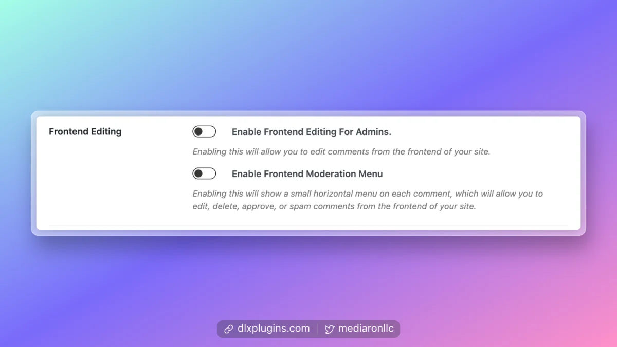 A screenshot of Comment Edit Pro options for enabling frontend editing