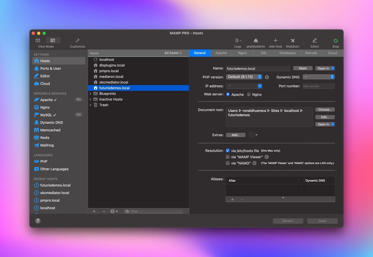Screenshot of a MAMP Pro Interface
