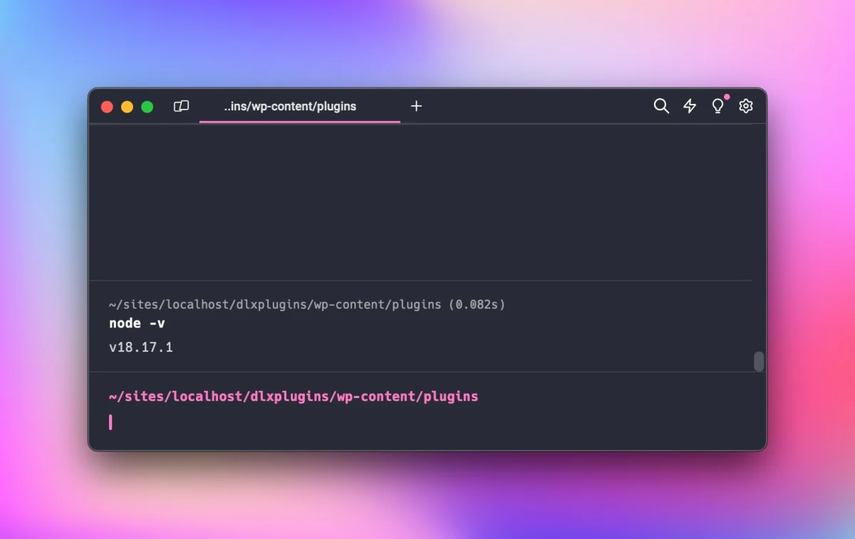 Command line screenshot of a node version