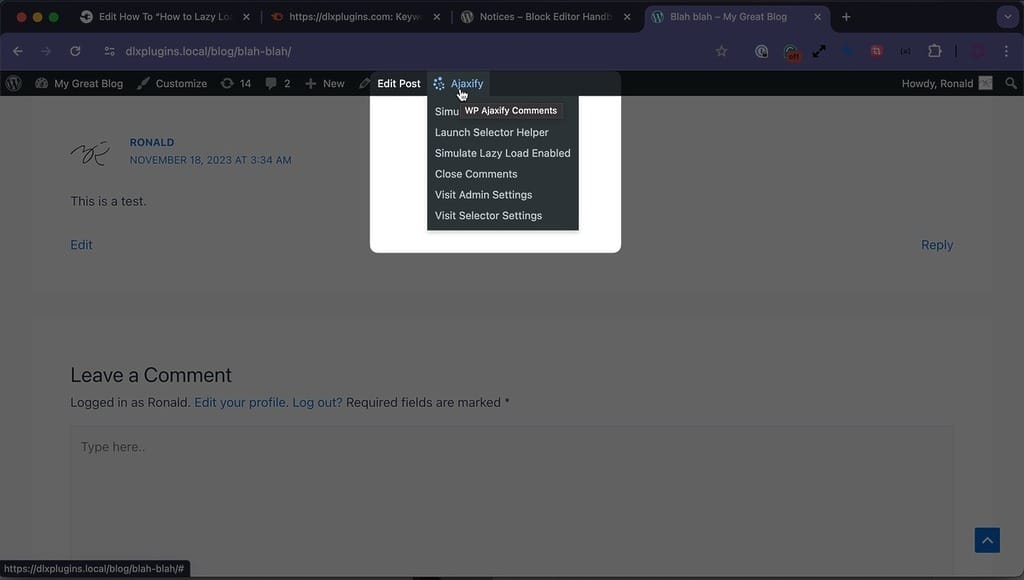 Ajaxify Comments Menu Helper