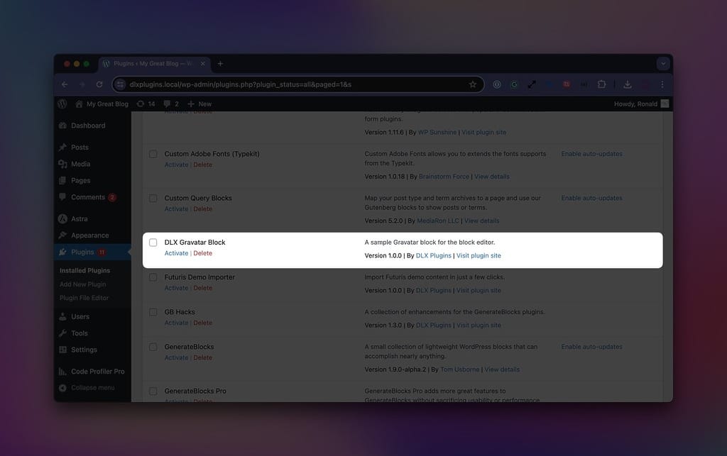 DLX Gravatar Block on the Plugins Screen