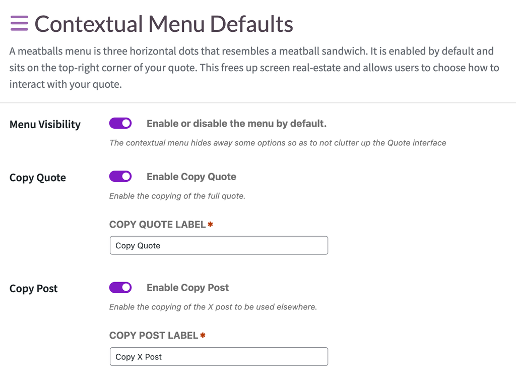 Context Menu Options in the QuotesDLX Admin
