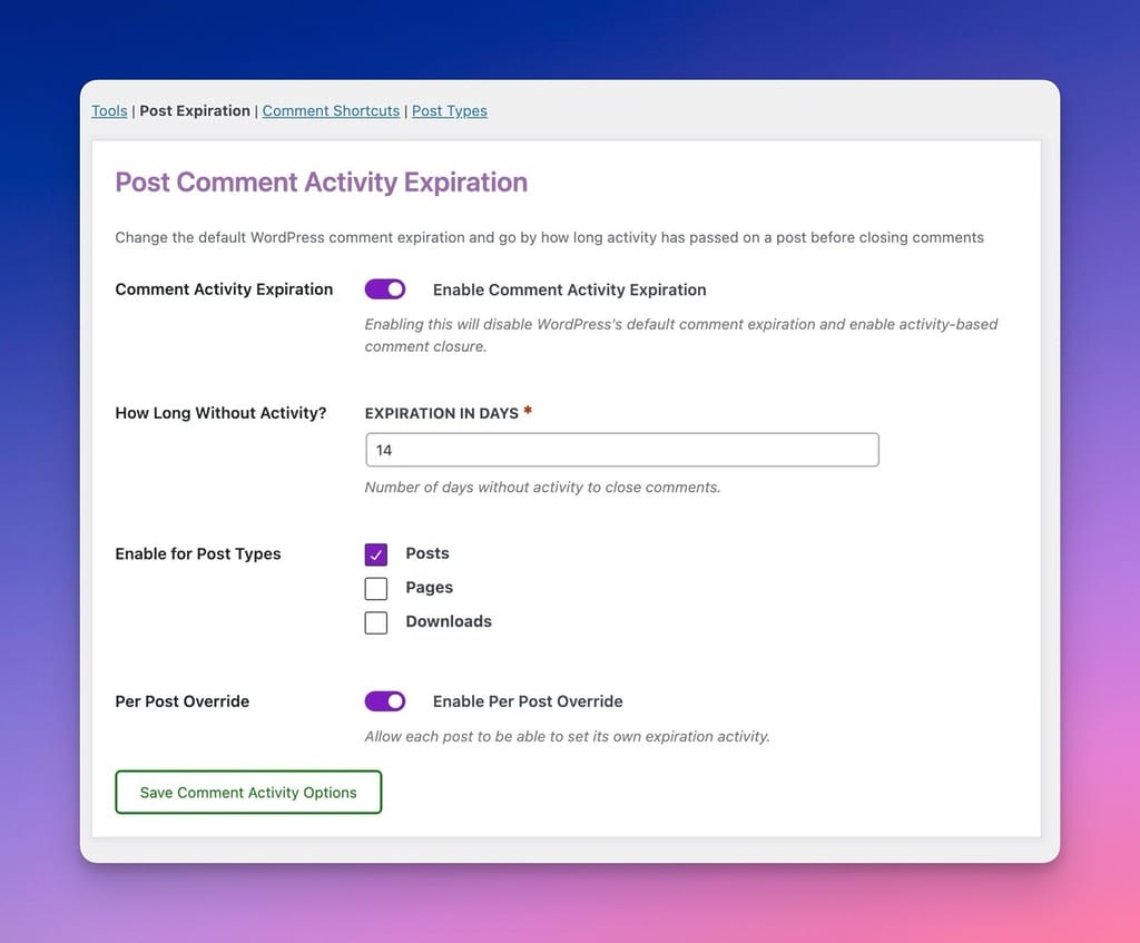 Post Activity Expiration Settings in the Admin