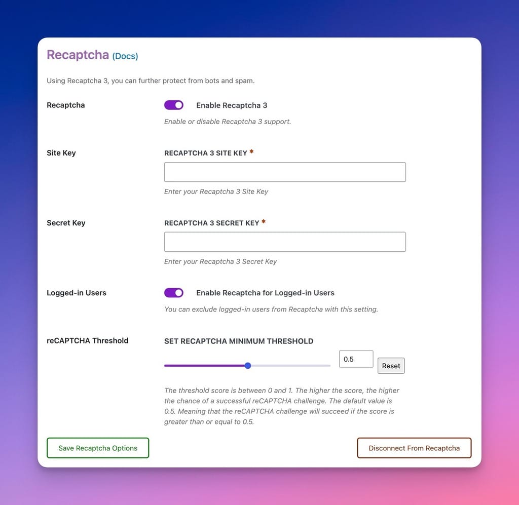 reCAPTCHA 3 Options in the Admin