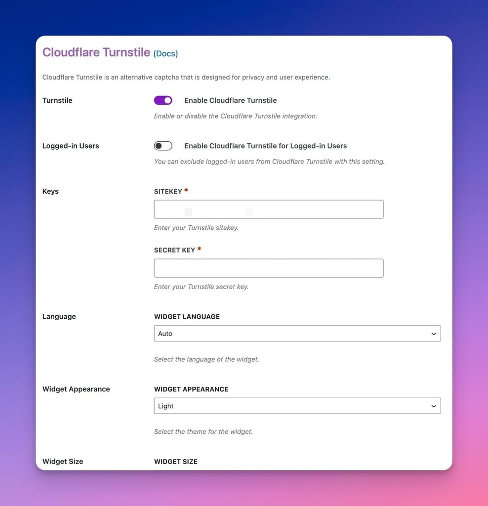 Cloudflare Turnstile Options in the Admin