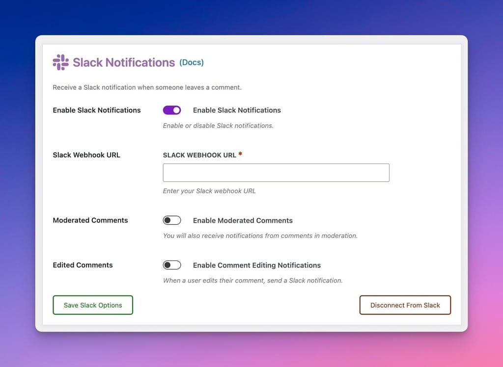 Slack Notification Options in the Admin