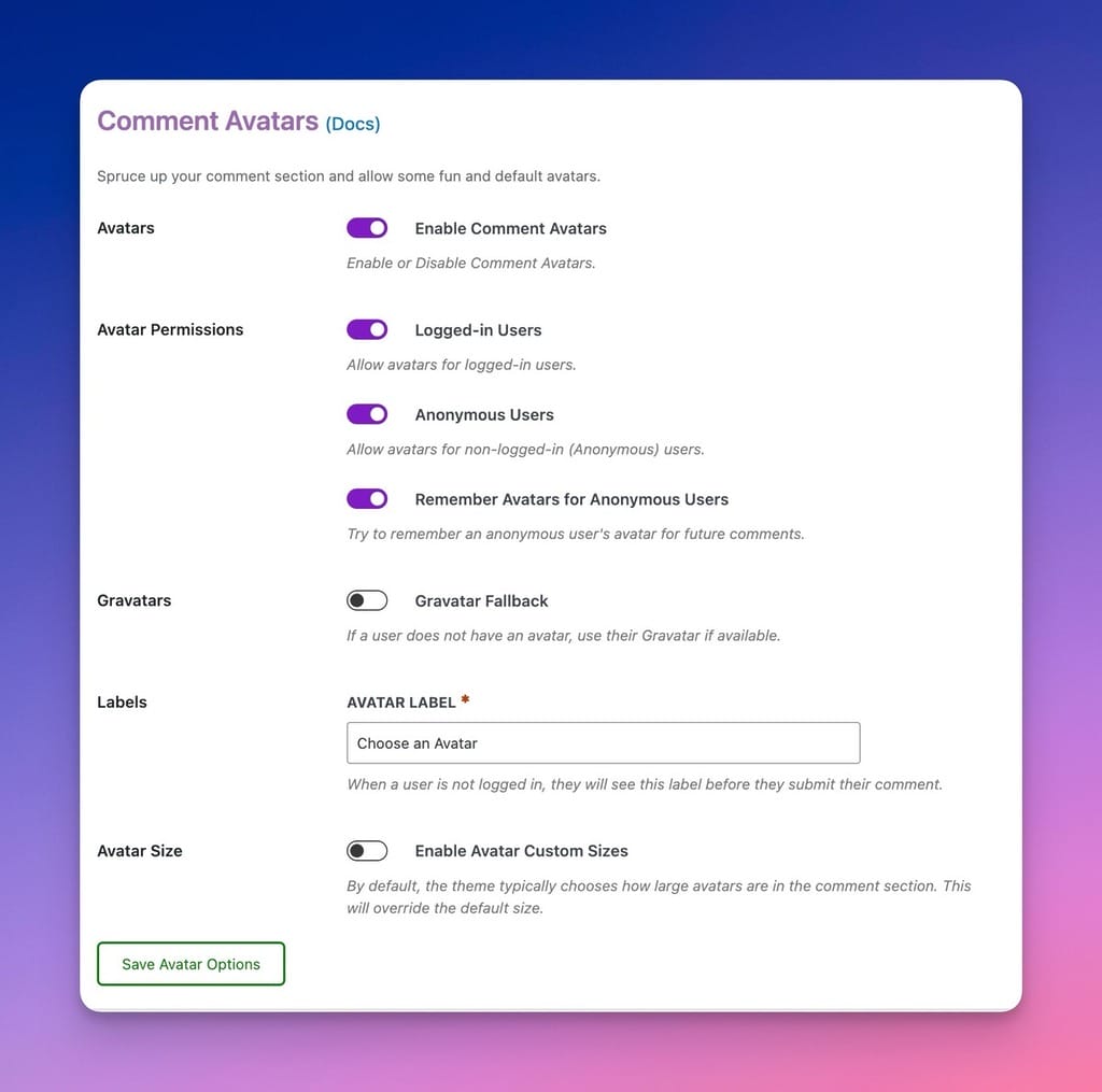 Comment Avatars in the Admin Settings