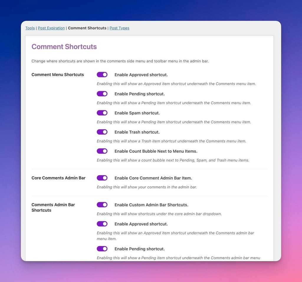 Comment Shortcut Options in the Admin