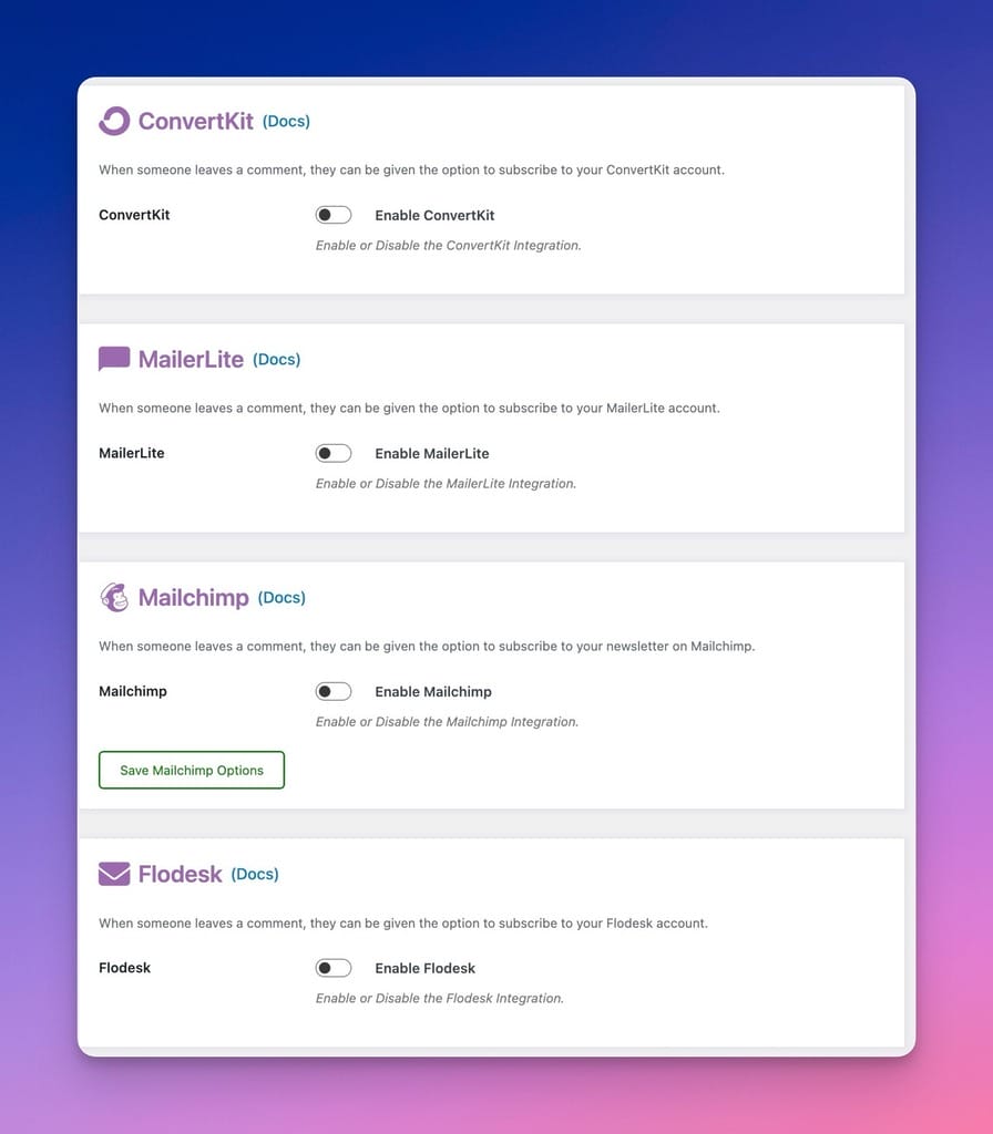 Available Newsletter Integration Services in Comment Edit Pro