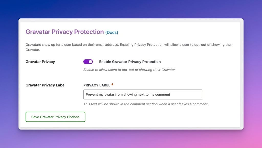 Gravatar Protection Admin Settings