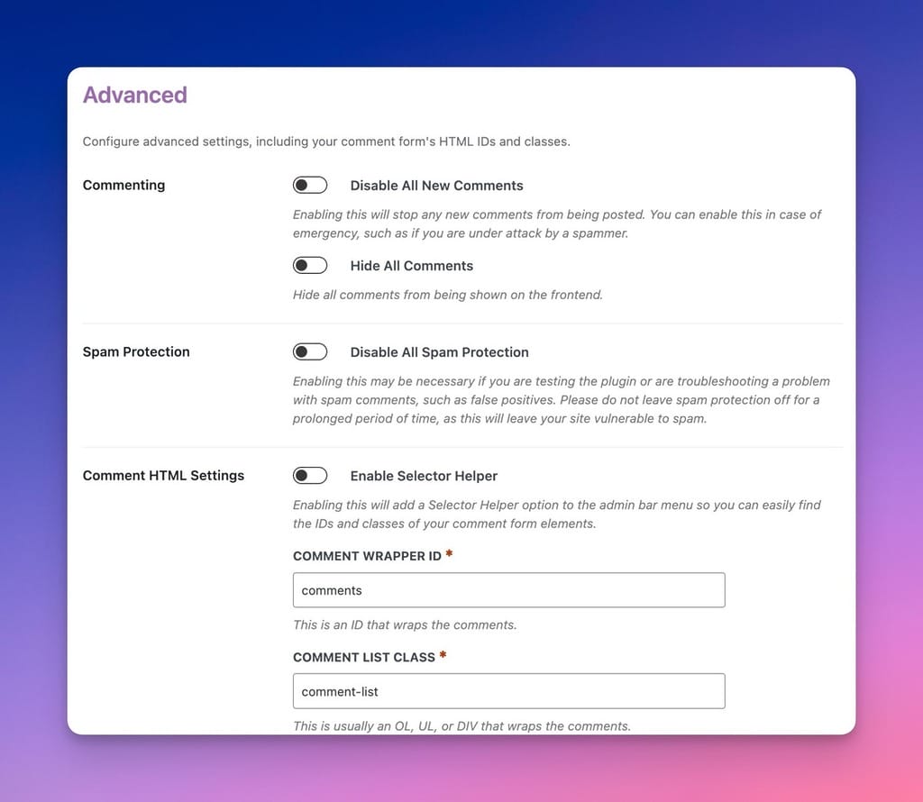 Advanced Comment Options in the Admin Settings