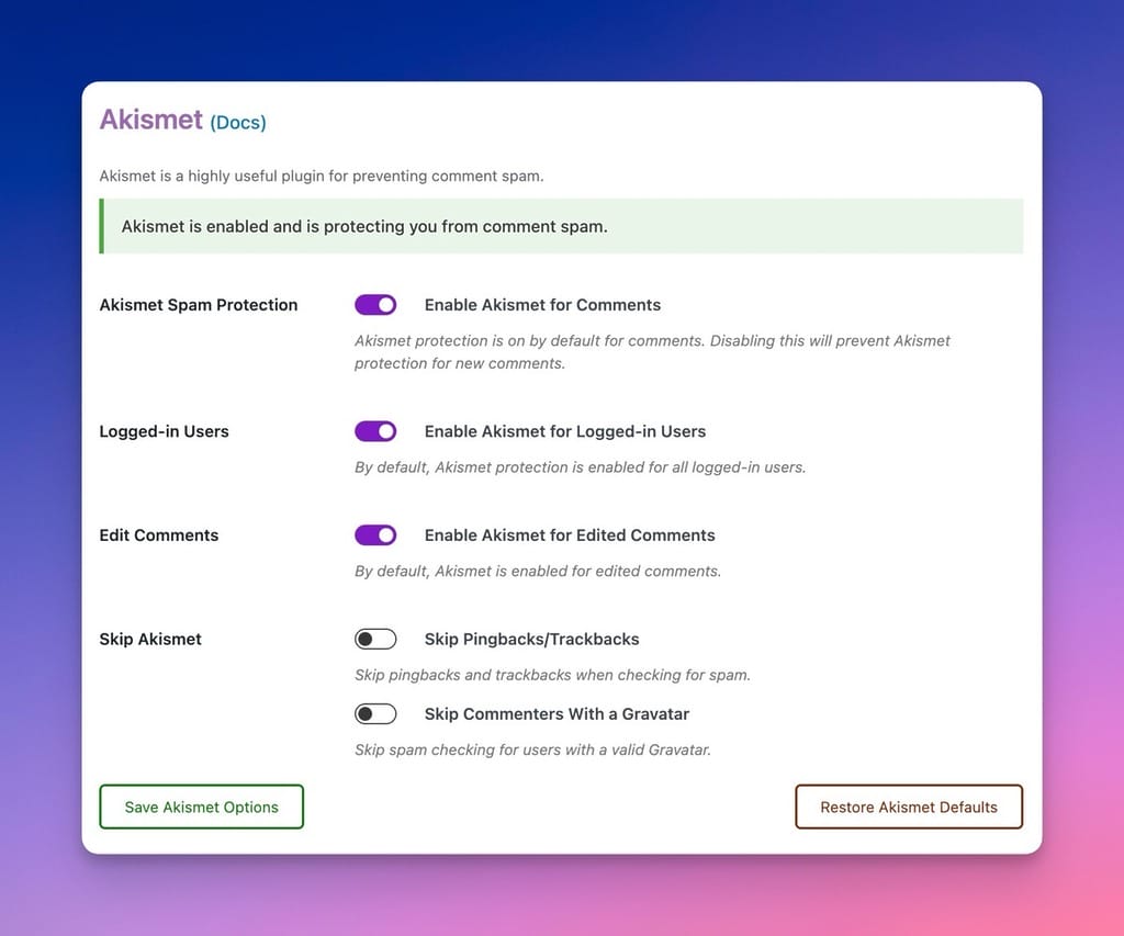 Akismet Spam Protection Settings in the Admin