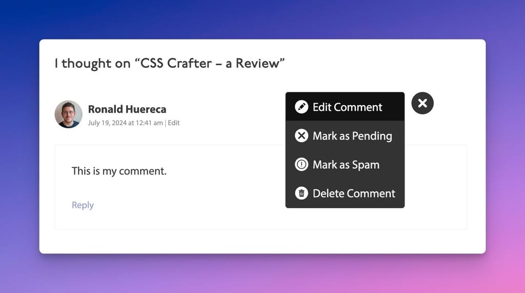 Frontend Moderation Menu When Viewing a Comment on the Frontend