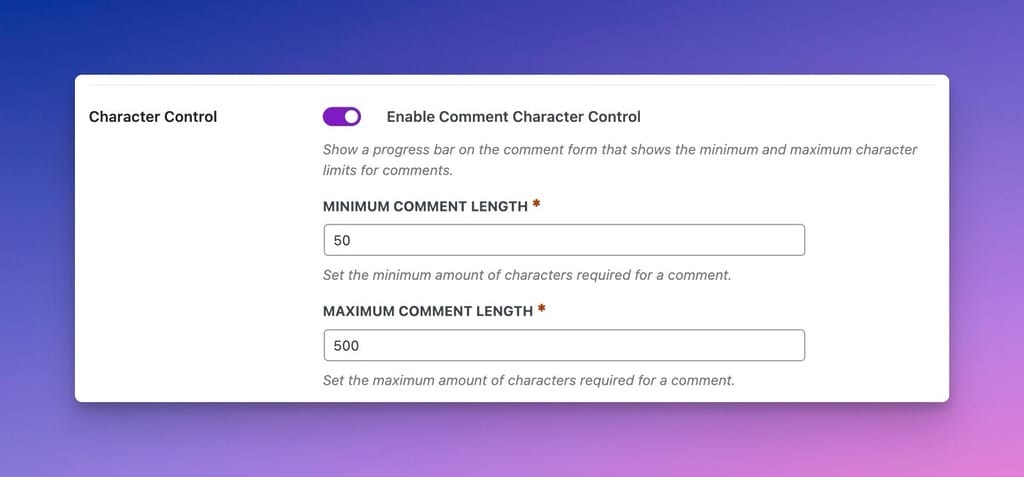 Comment Character Control Options in the Admin