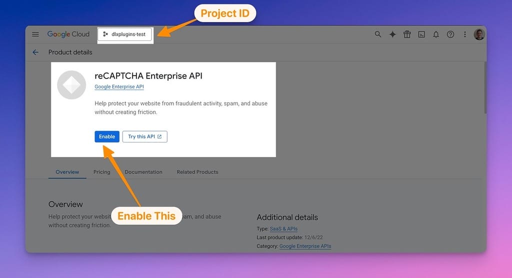reCAPTCHA Enterprise Enable Screen