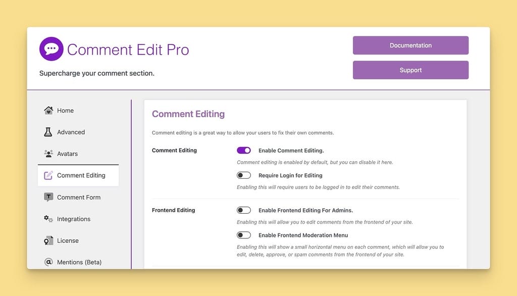 Comment Edit Pro - Comment Editing Settings