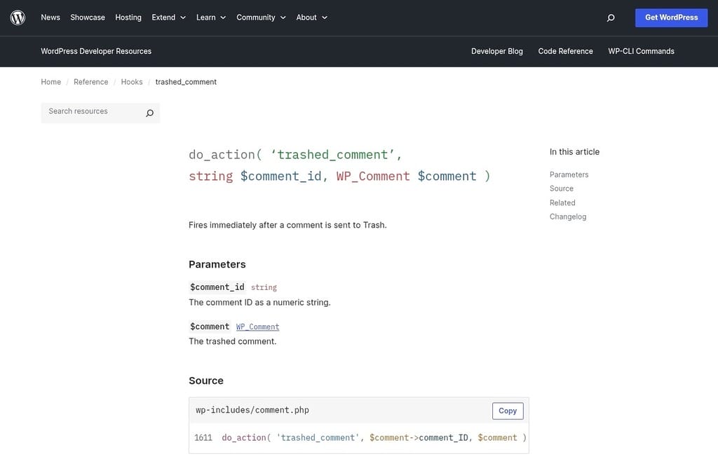 Screenshot of the trashed_comment filter documentation