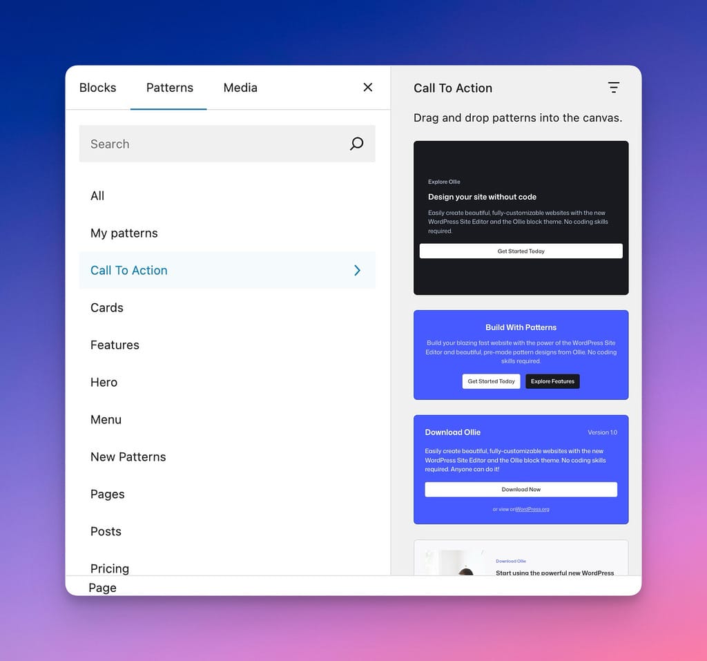 Patterns View in the Block Editor