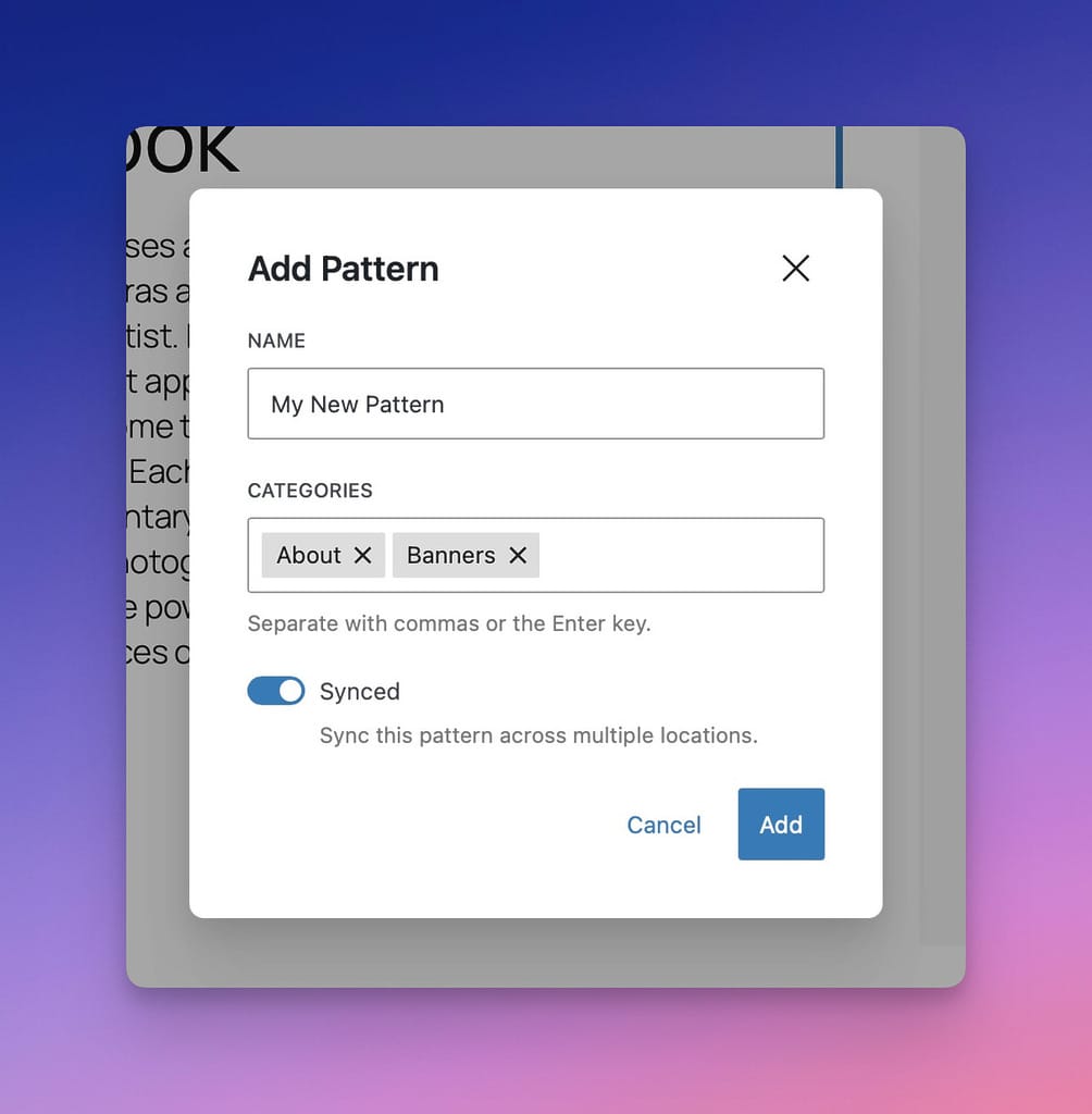 Add New Pattern Screen From the Block Editor