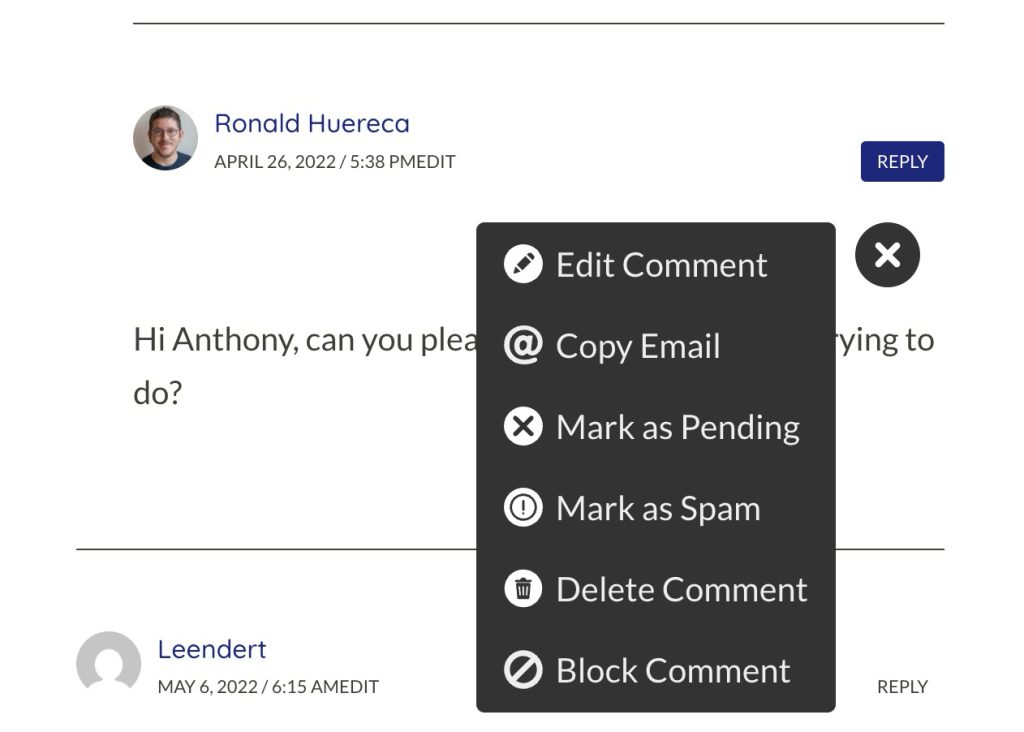 Frontend moderation screen when viewing comments.