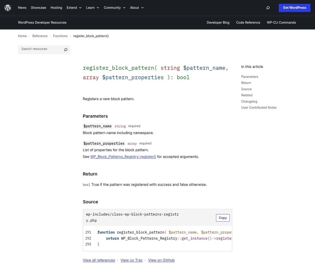 WordPress Function register_block_pattern
