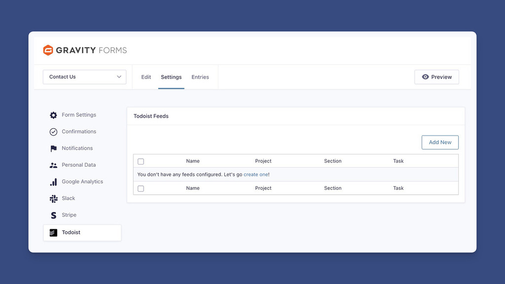 The Todoist Feeds Screen in the Form's Settings