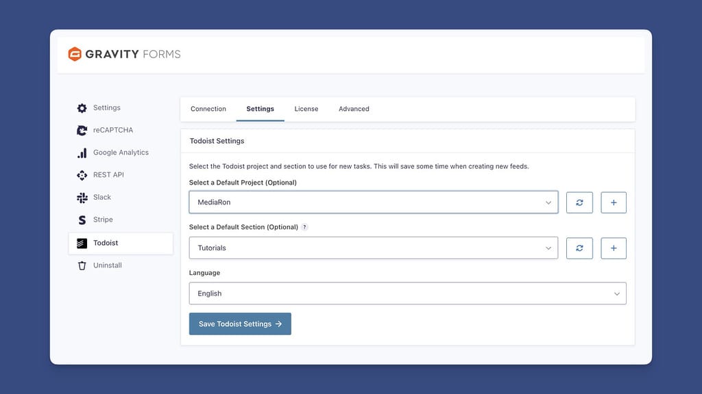 Set a Default Project and Section in the Settings Tab