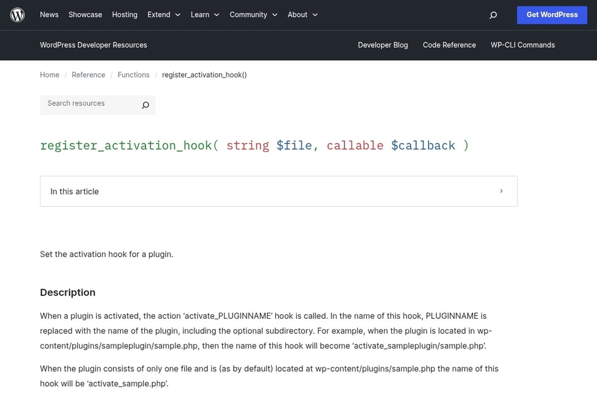 register_activation_hook function