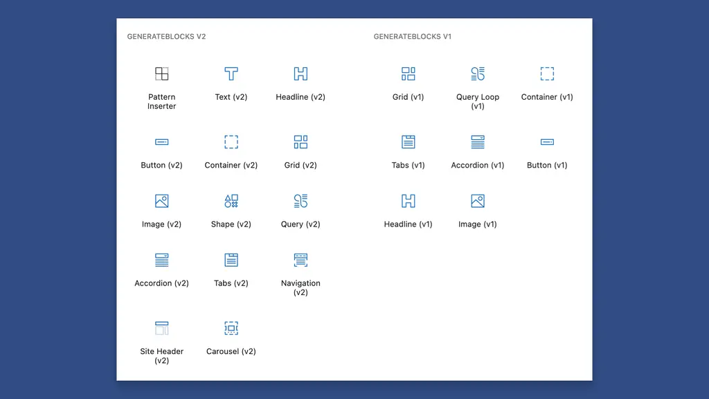 Screenshot showing GenerateBlocks V1 and V2 blocks together