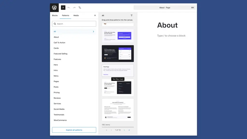 dlx-pattern-library-out-of-control Pattern Library With Ollie Theme and WooCommerce Installed. Showing 195 items.