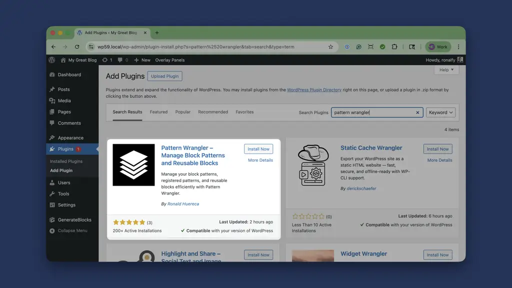 Plugins Screen When Adding Pattern Wrangler Via the WordPress Dashboard