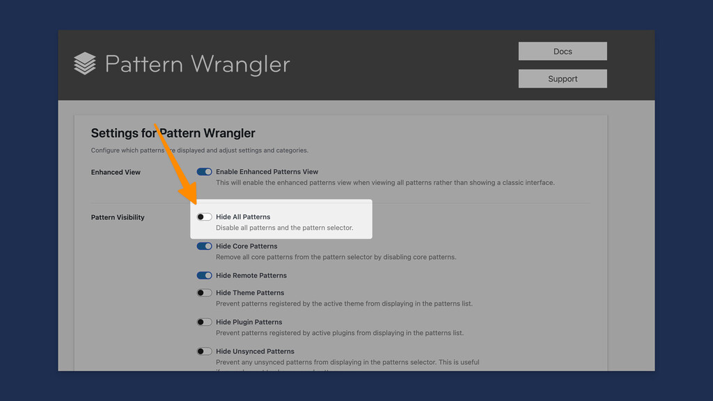 Enable the Hide All Patterns Toggle in Pattern Wrangler