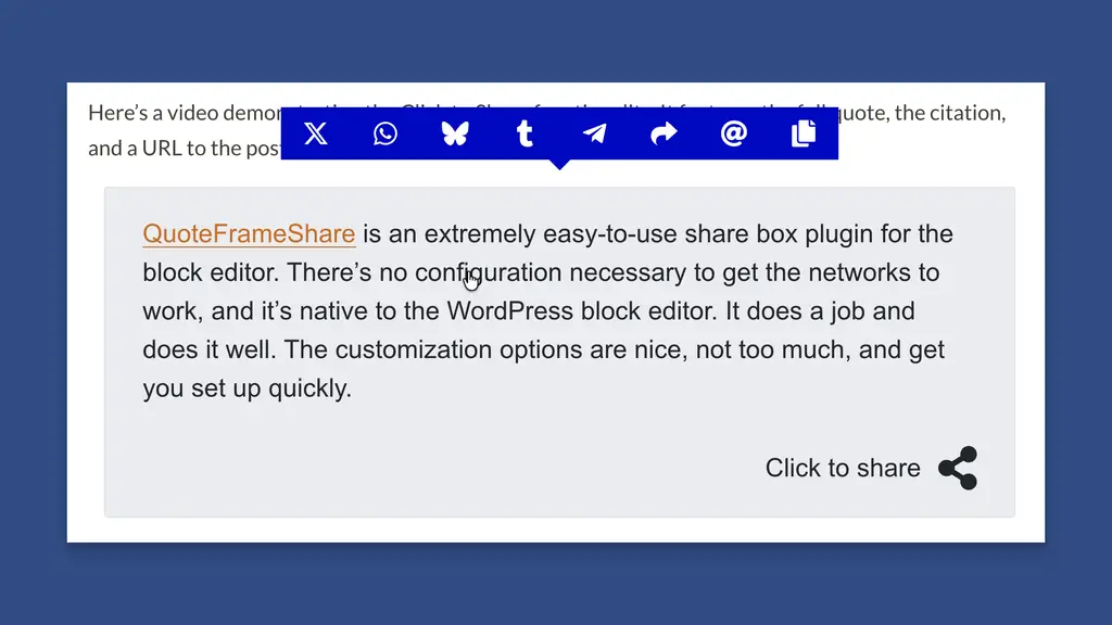 A Click to Share Block Enables Easy Sharing of Almost Any Content