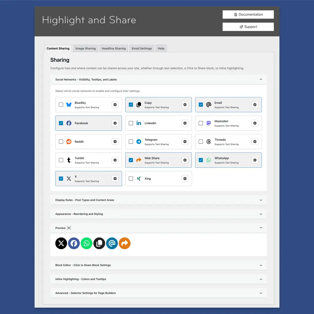 Full Admin Panel View for Content Sharing Tab