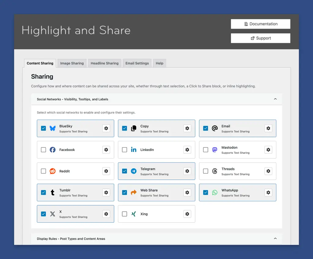 Highlight and Share Admin Settings