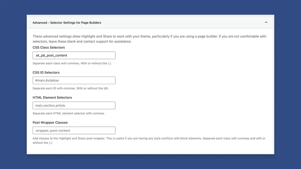 Set Advanced Selectors for Page Builder Support