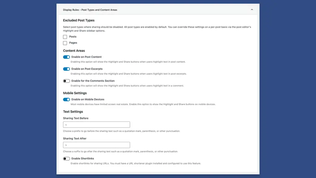 Display Rules Options for Content Sharing in the Admin Settings
