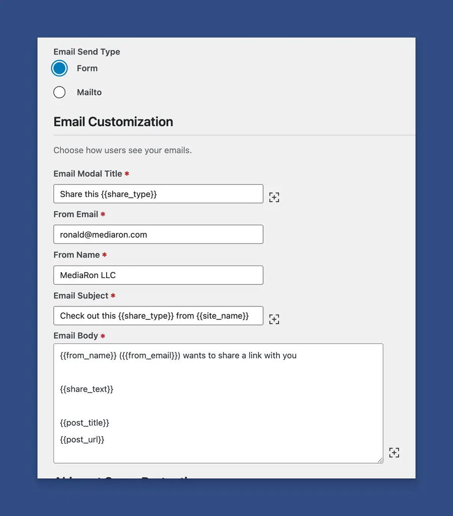 Email Admin Setting Options Showing Form Settings