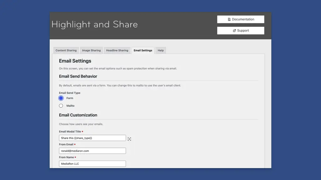 Email Settings for Highlight and Share