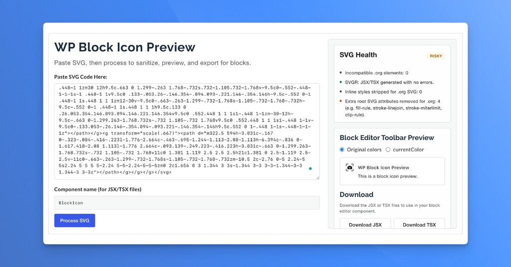 A free icon tool for block developers who need to preview what an icon will look like in the block eidtor and .org.